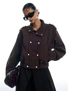 LYSMO Women's Vintage High Neck Button Pocket Long Sleeve Jacket - Brown - View 9