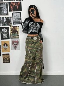 StreetHx Plus Size Women's Camouflage Cargo Pocket Frayed Hem Extra Long Denim Skirt - Multicolor - View 6