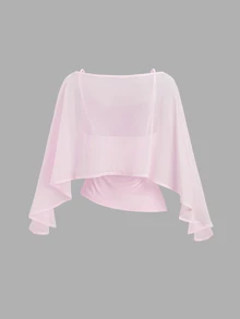 Sweetra 2 Pieces Chiffon Cape-Style Outerwear Set With Boat Neck, Ruched Elastic Waist Camisole Inner, Elegant Beige Outfit For Office, Commute, Casual And Date Wear - Pink - View 2