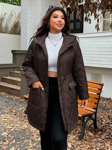 SHEIN EZwear 2025秋冬新款休閒連帽絎縫複合面料保暖可調腰長袖中長版寬鬆黑色大尺碼厚外套，適合戶外、日常、派對、約會等多種場合 - 巧克力棕 - 查看 2