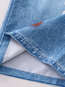 SHEIN Genkimix Kids 2件組 青少年女孩可愛拼接V領長袖T恤與刺繡牛仔褲套裝，秋季 - 棕色 - 查看 7