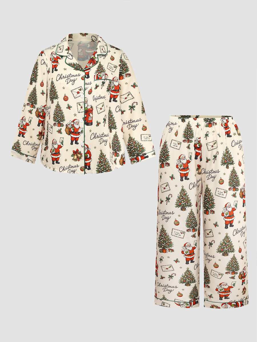 Chillnights Plus Size Women's Christmas Print Santa Claus Christmas Tree Casual Lapel Long Sleeve Long Pants Pajama Set - Apricot - View 1