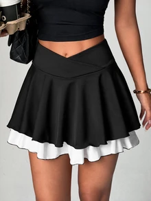 StreetHx Women's Stylish Color-Block Athletic Skort Featuring A Crossover Waist, Pleated Ruffles, Built-In Shorts, And PocketsSpring/Summer Style. - Black - View 1