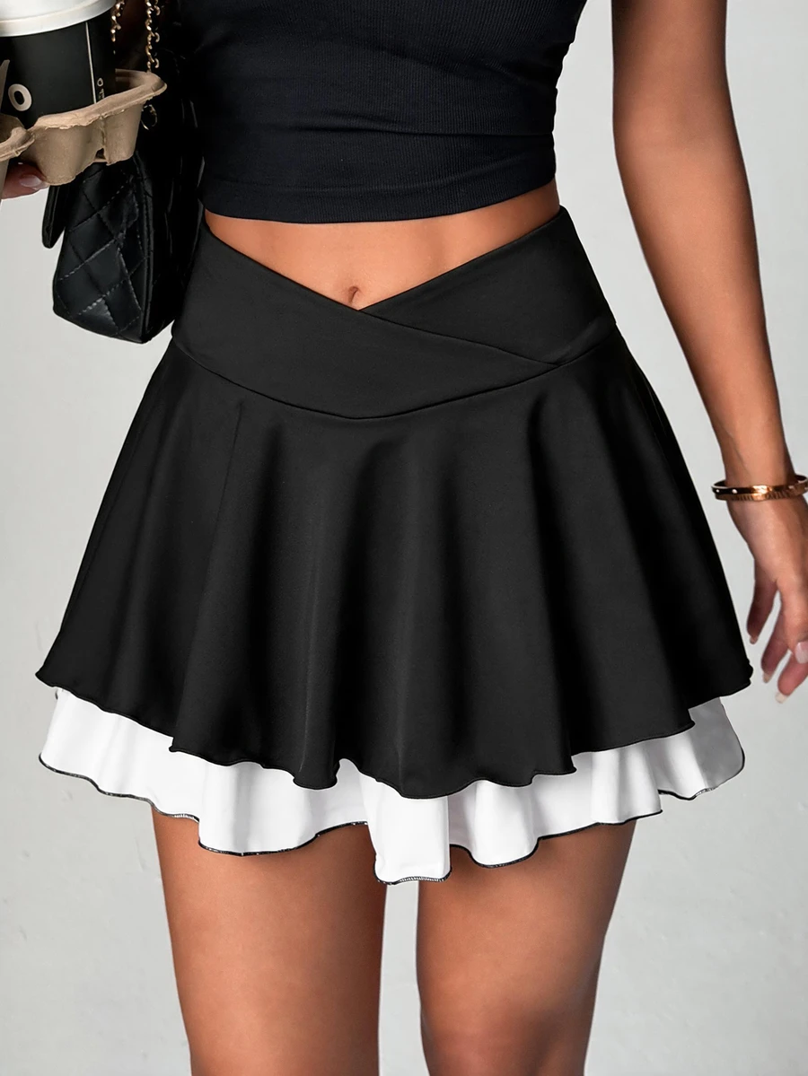 StreetHx Women's Stylish Color-Block Athletic Skort Featuring A Crossover Waist, Pleated Ruffles, Built-In Shorts, And PocketsSpring/Summer Style. - Black - View 1