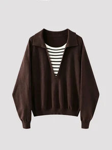 Sweetra Brown 2 In 1 Striped Patchwork Loose Casual Fashion Commute Slouchy Pullover Sweater For Women - Coffee Brown - View 1