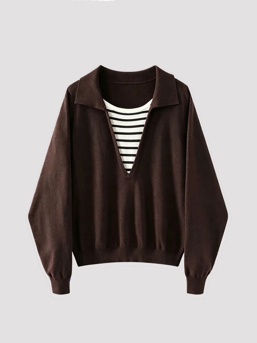 Sweetra Brown 2 In 1 Striped Patchwork Loose Casual Fashion Commute Slouchy Pullover Sweater For Women - Coffee Brown - View 1