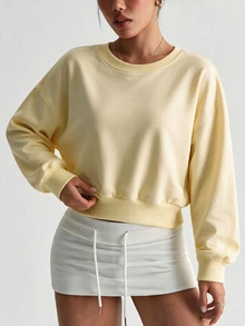 Dewbera Dewbera Women's Solid Color Round Neck Drop Shoulder Long Sleeve Sports Casual Cropped Sweatshirt - Yellow - View 2