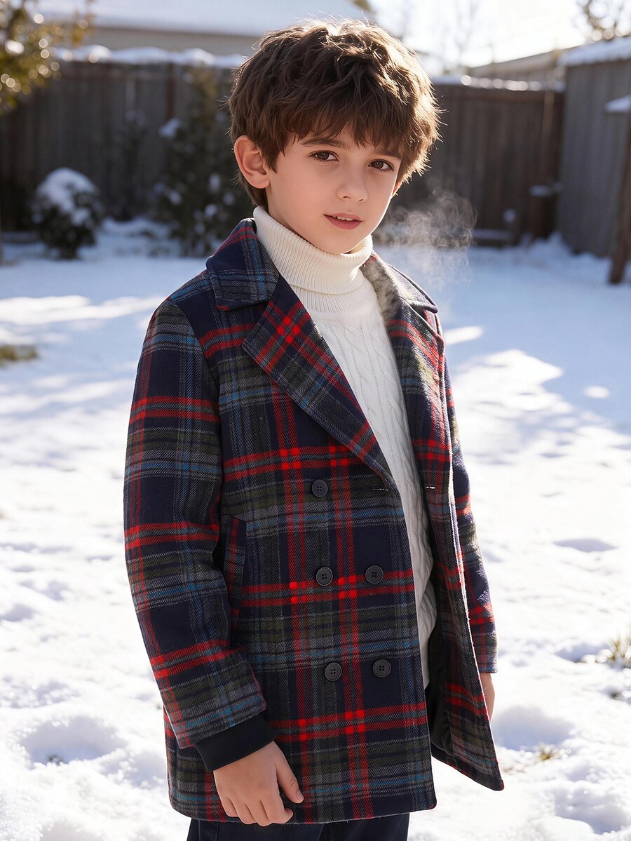 SHEIN Kids Tween Boy Casual Loose Hooded Fleece Collar Plaid Wool Jacket Suitable For Commuting School Daily Casual Outings Sports Autumn Winter - Red - View 1
