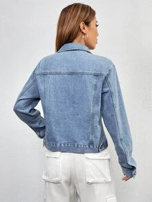 SHEIN EZwear 女款長袖單排扣休閒百搭牛仔夾克 - 淺色水洗藍 - 查看 2