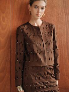 Anewsta Women's Autumn/Winter New Suede-Like Fabric Design Jacquard Burnout Round Neck All-Over Beaded Long Sleeve Jacket - Coffee Brown - View 3