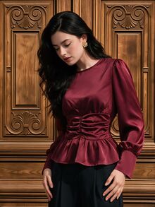 Graceveil Women's Solid Color Pleated Casual Versatile Everyday Blouse - Burgundy - View 4