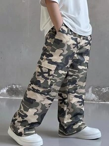 SHEIN 1件青少年男孩休閒運動日常舒適街頭風百搭印花直筒褲，附織帶，適合外出、學校、日常聚會，秋冬開學穿搭 - 軍綠色 - 查看 4