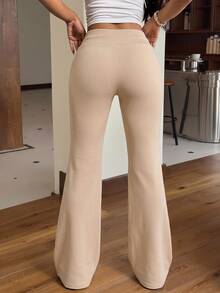 SHEIN EZwear 抽繩腰寬腿喇叭運動長褲 - 杏色 - 查看 2