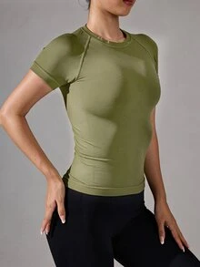 Easithlete Easithlete Women's Solid Color Raglan Short Sleeve Fitted Seamless Sports T-Shirt - Olive Green - View 5