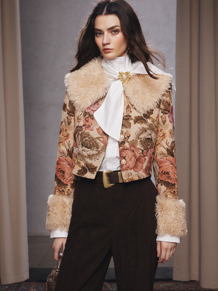 Anewsta Floral Print Casual Women's Jacket, Autumn/Winter Fashion Design Outerwear - Apricot - View 1