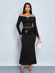 SOLERSUN Women's This Two Pieces Set, Featuring A Textured Knit Off-The-Shoulder Long-Sleeved Top And A Fitted, Flowing Maxi Skirt - Black - View 9