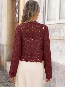 Brillora Women's Solid Color Hollow Out Casual Versatile Daily Wear Cardigan - Burgundy - View 4