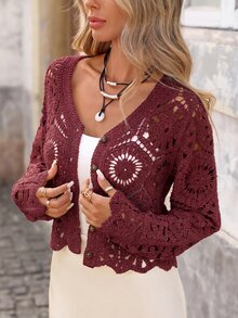 Brillora Women's Solid Color Hollow Out Casual Versatile Daily Wear Cardigan - Burgundy - View 6