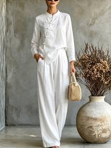 SHEIN Women's New Chinese Style Linen Set, Asymmetrical Collar Frog Button Top, High Waist Draped Wide Leg Pants With Pockets, 2 Pieces Set - White - View 4
