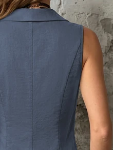 LUMIGAL Women's Sleeveless Cropped Shirt With Collar, Metal Single-Breasted Buttons, Waist-Cinching Slim Fit - Medium Wash - View 3