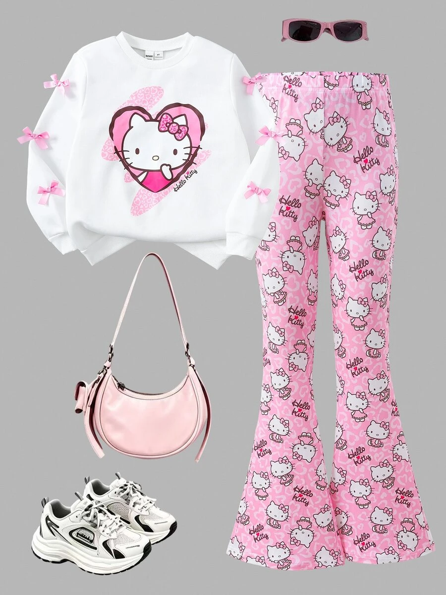 HELLO KITTY AND FRIENDS | SHEIN 1套女童主題愛心蝴蝶結圓領抓絨衛衣+滿版印花喇叭褲,春秋室內/戶外穿搭套裝 - 彩色 - 查看 1