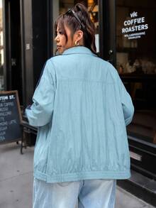 SHEIN EZwear 淺藍色大尺碼女款側條紋鈕扣設計薄款夾克 - 淺藍色 - 查看 2
