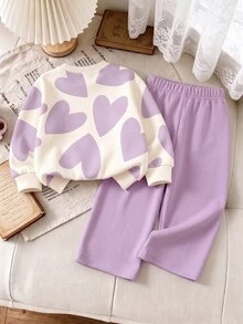 2pcs Young Girls Casual Fashion Sweet Cute Heart Pattern LOVE Print Crew Neck Long Sleeve Fleece Sweatshirt Pullover And Matching Wide Leg Sweatpants Set, Suitable For Autumn/Winter Wear - Multicolor - View 2