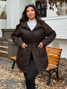 SHEIN EZwear 2025秋冬新款休閒連帽絎縫複合面料保暖可調腰長袖中長版寬鬆黑色大尺碼厚外套，適合戶外、日常、派對、約會等多種場合 - 巧克力棕 - 查看 3