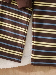 Young Girl 2 Pieces Set Fashion Casual Colorful Striped Print Contrast Color Lapel V-Neck Long Sleeve Sweatshirt And Contrast Striped Print Wide Leg Pants Set, Soft Fabric Suitable For Outings In Autumn/Winter - Multicolor - View 7