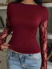 SHEIN EZwear 女款休閒黑色針織蕾絲拼接二合一長袖上衣，夏季 - 酒紅色 - 查看 5