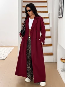 SHEIN EZwear 女款黑色編織長款休閒防風外套 秋冬款 - 酒紅色 - 查看 4