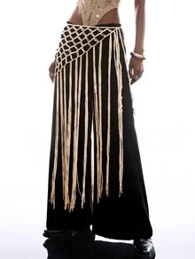LYSMO Women's Solid Color Tassel Hem Hollow Knit Midi Skirt - Apricot - View 3