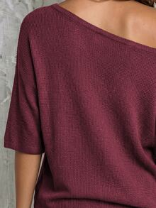 LUMIGAL Women's Loose Slouchy Waffle Knit Sweater With Asymmetric Shoulder Neckline, Raglan Dropped Shoulders And 5-Point Sleeves - Burgundy - View 4