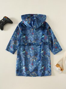 SHEIN KidsYoung Boy Game Console Pattern Fleece Lined Thick Hooded Long Sleeve Drawstring Robe Young Boy Loungewear Bathrobe - Multicolor - View 2