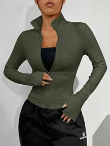 SHEIN EZwear 女款黑色針織防紫外線外套，適合秋冬穿著 - 軍綠色 - 查看 3