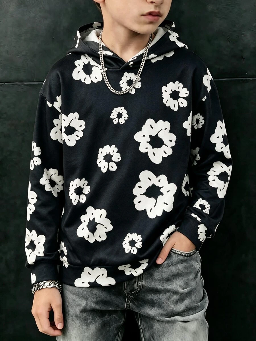SHEIN Sweatshirt Lengan Panjang Motif Bunga Gaya Kasual untuk Anak Laki-Laki Remaja, Cocok untuk Musim Gugur/Musim Dingin, Sekolah, Liburan - Hitam - View 1