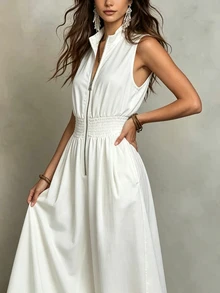Glimmora Petite Women's Autumn Sleeveless Zipper Waist-Cinching Long Dress - White - View 5
