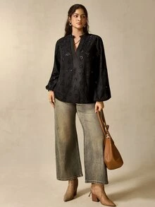 Nubod Black Embroidered Plus Size Women's Notch V-Neck Lantern Sleeve Blouse Fall - Black - View 2