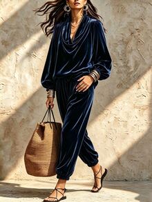 LUMIGAL Loose Cowl Neck Lantern Sleeve Top With Draped Elastic Waist Wide Leg Harem Pants, Relaxed Lazy Two Pieces Set - Black - View 3