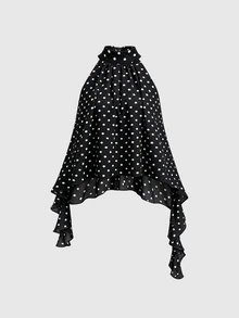 Sweetra New Summer French Fashion Polka Dot Elegant Commute Office Wear Versatile Ruffle Hem Ribbon Apricot Blouse - Black - View 1
