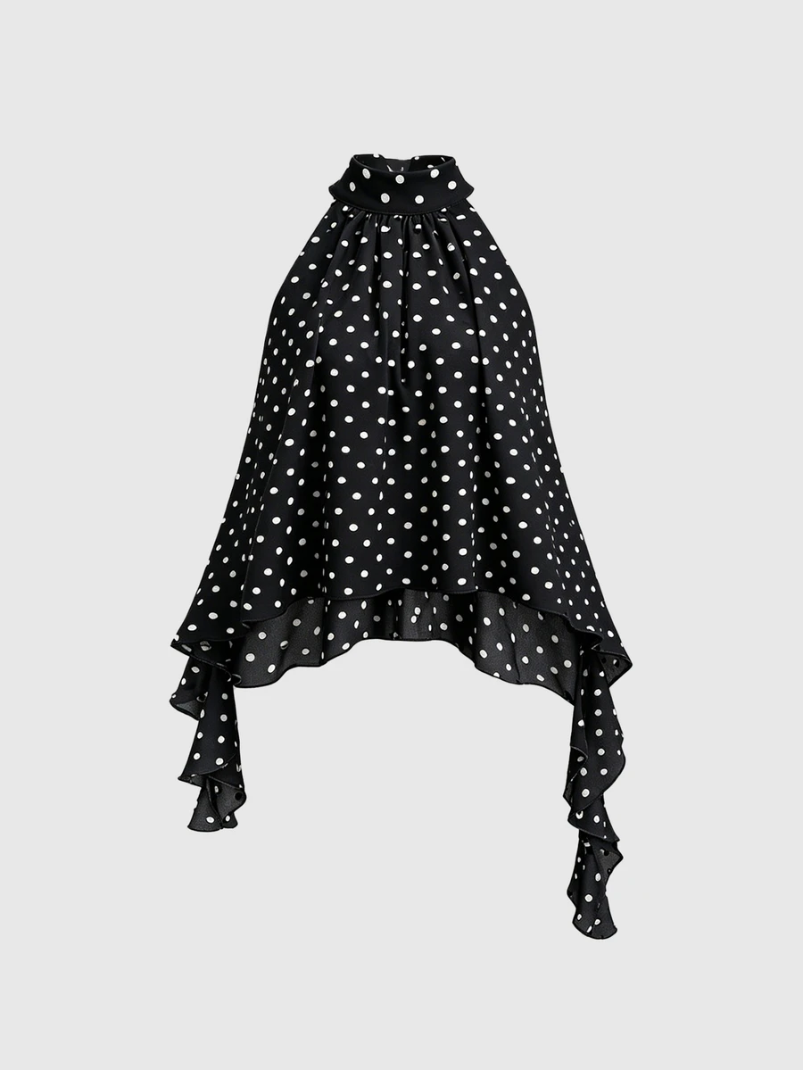 Sweetra New Summer French Fashion Polka Dot Elegant Commute Office Wear Versatile Ruffle Hem Ribbon Apricot Blouse - Black - View 1