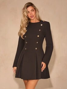 Enchnt Women's Solid Color Metal Button Design Long Sleeve Elegant Dress - Brown - View 3