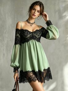 Glimmora Women's Green Contrast Lace Cami Short Dress - Green - View 4