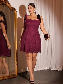 Cravure Plus Size Burgundy Velvet Lace Embroidered Tie-Up Short Party Date Night Dress Romantic - Burgundy - View 2