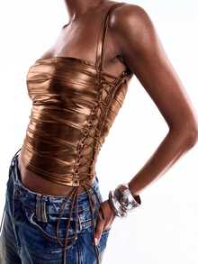 LYSMO Women's Metallic Texture Drawstring Tie Sexy Top - Brown - View 7