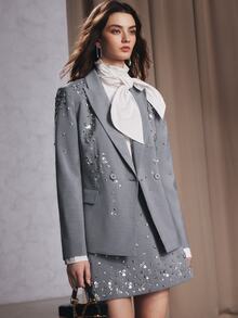 Anewsta Women's Elegant Heavy Beaded & Rhinestone Hand-Embellished Blazer + Skirt 2 Pieces Set - Grey - View 5