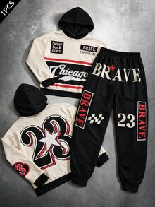 SHEIN 兒童青少年男孩休閒時尚酷炫賽車運動風拼色字母印花長袖連帽舒適衛衣與運動長褲兩件套，適合秋冬 - 杏色 - 查看 4