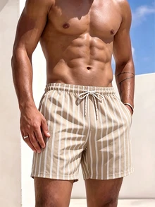 Manfinity KASUA Men's Vacation Drawstring Waist Striped Pocket Beach Shorts - Apricot - View 7
