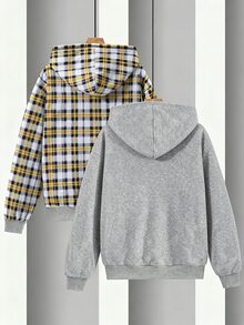 SHEIN 青少年男孩休閒格紋素色雙面可穿連帽秋季外套，正反兩面皆可穿 - 灰色 - 查看 5