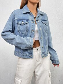 SHEIN EZwear 女款長袖單排扣休閒百搭牛仔夾克 - 淺色水洗藍 - 查看 5